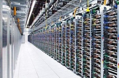 A vast mining farm with rows of advanced mining rigs